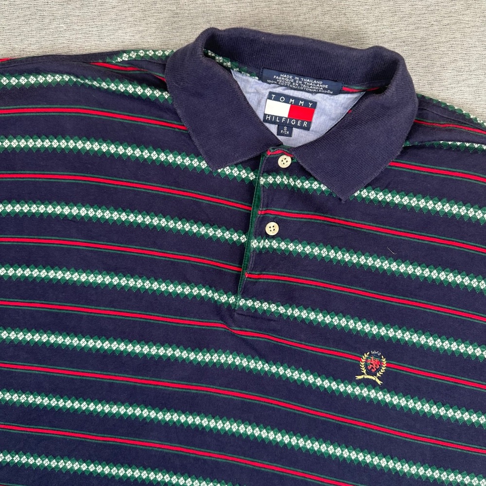 VTG Tommy Hilfiger Polo Shirt Mens Small Navy Blue Argyle Striped Crest Logo
